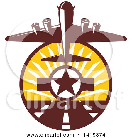 Clipart of a Retro WWII B-17 Flying Fortress Bomber Taking off over a Star and Runway - Royalty Free Vector Illustration by patrimonio