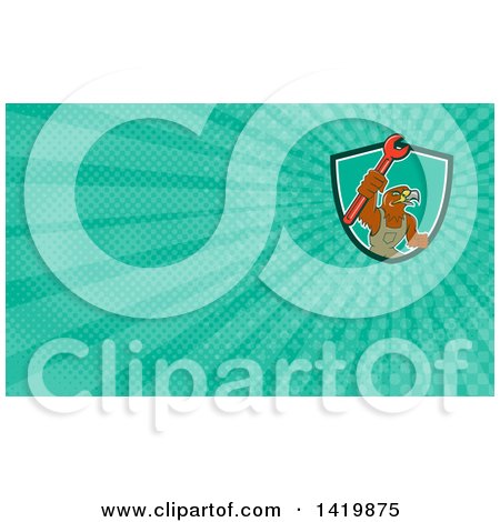 Clipart of a Retro Hawk Mechanic Man Wearing Overalls and Holding up a Spanner Wrench and Turquoise Rays Background or Business Card Design - Royalty Free Illustration by patrimonio