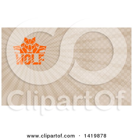 Clipart of a Retro Orange Wolf Heads Facing Front and to the Sides over Text and Brown Rays Background or Business Card Design - Royalty Free Illustration by patrimonio