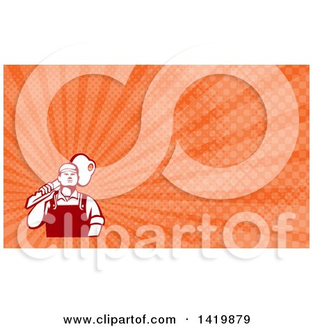 Clipart of a Cartoon Male Locksmith Carrying a Giant Key over His Shoulder and Orange Rays Background or Business Card Design - Royalty Free Illustration by patrimonio