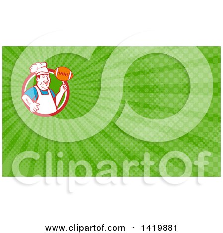 Clipart of a Retro Happy Chubby Male Chef Spinning a Football on His Finger and Green Rays Background or Business Card Design - Royalty Free Illustration by patrimonio