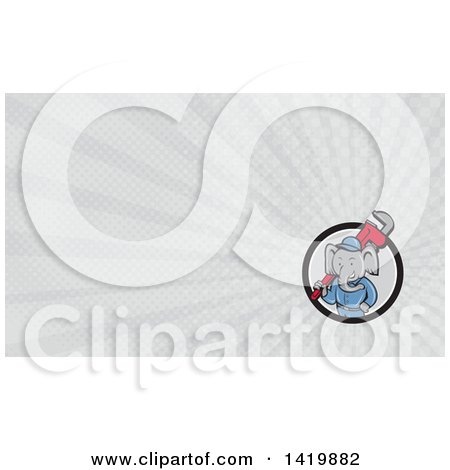 Clipart of a Retro Cartoon Elephant Man Plumber Holding a Giant Monkey Wrench and Gray Rays Background or Business Card Design - Royalty Free Illustration by patrimonio