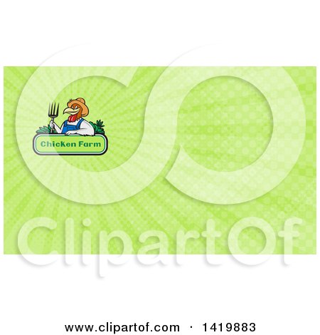 Clipart of a Retro Cartoon Farmer Rooster Man Wearing Overalls and a Straw Hat, Holding a Pitchfork over a Chicken Farm Sign and Green Rays Background or Business Card Design - Royalty Free Illustration by patrimonio