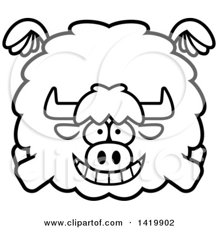Clipart of a Cartoon Black and White Lineart Chubby Yak Flying - Royalty Free Vector Illustration by Cory Thoman