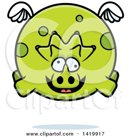 Clipart of a Cartoon Chubby Crazy Triceratops Dinosaur Flying - Royalty Free Vector Illustration by Cory Thoman