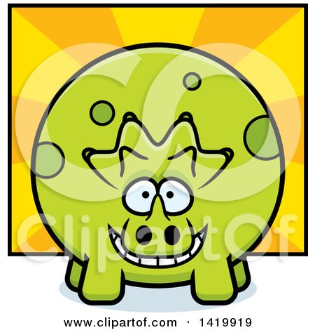 Clipart of a Cartoon Chubby Triceratops Dinosaur over Rays - Royalty Free Vector Illustration by Cory Thoman