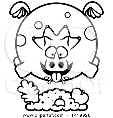 Clipart of a Cartoon Black and White Lineart Chubby Triceratops Dinosaur Flying and Eating - Royalty Free Vector Illustration by Cory Thoman