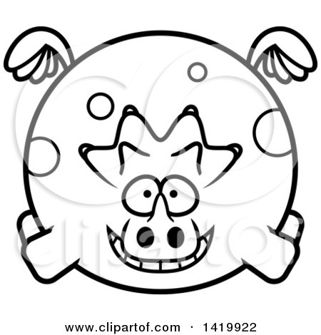 Clipart of a Cartoon Black and White Lineart Chubby Triceratops Dinosaur Flying - Royalty Free Vector Illustration by Cory Thoman