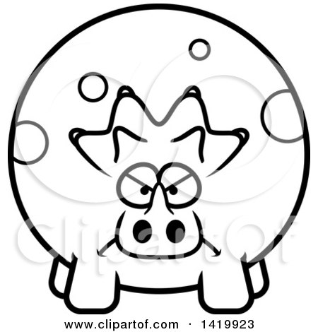 Clipart of a Cartoon Black and White Lineart Mad Chubby Triceratops Dinosaur - Royalty Free Vector Illustration by Cory Thoman