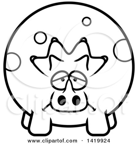 Clipart of a Cartoon Black and White Lineart Depressed Chubby Triceratops Dinosaur - Royalty Free Vector Illustration by Cory Thoman