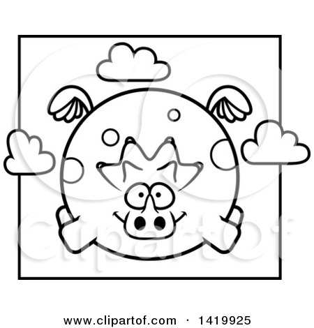 Clipart of a Cartoon Black and White Lineart Chubby Triceratops Dinosaur Flying - Royalty Free Vector Illustration by Cory Thoman