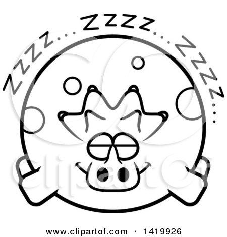 Clipart of a Cartoon Black and White Lineart Chubby Triceratops Dinosaur Sleeping - Royalty Free Vector Illustration by Cory Thoman