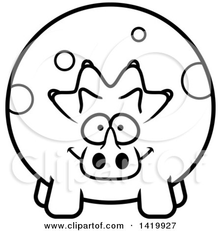 Clipart of a Cartoon Black and White Lineart Chubby Triceratops Dinosaur - Royalty Free Vector Illustration by Cory Thoman