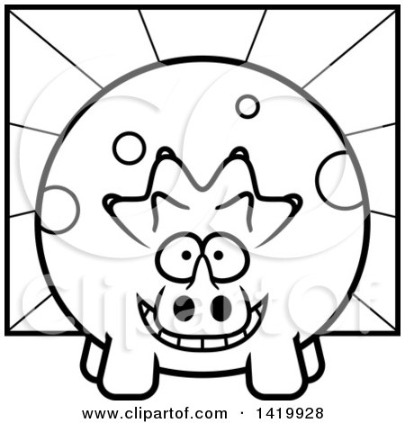 Clipart of a Cartoon Black and White Lineart Chubby Triceratops Dinosaur over Rays - Royalty Free Vector Illustration by Cory Thoman