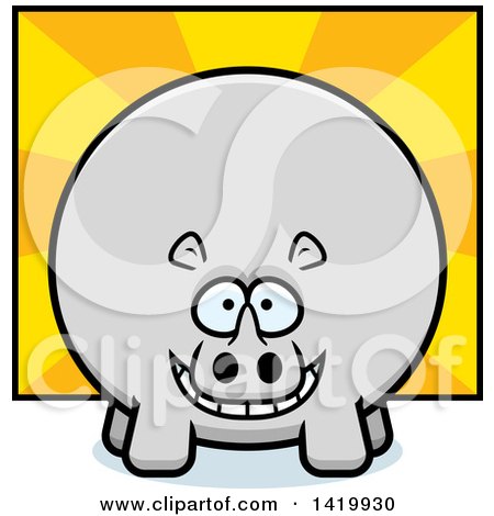 Clipart of a Cartoon Chubby Rhino over Rays - Royalty Free Vector Illustration by Cory Thoman