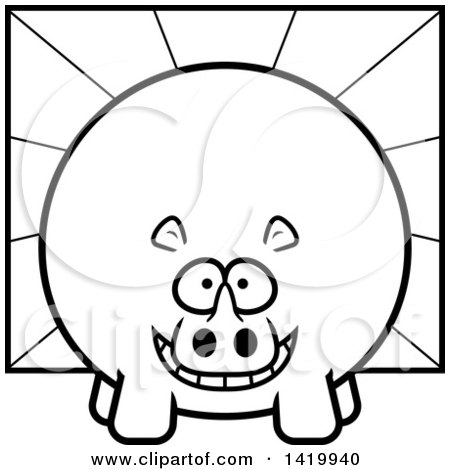 Clipart of a Cartoon Black and White Lineart Chubby Rhino over Rays - Royalty Free Vector Illustration by Cory Thoman