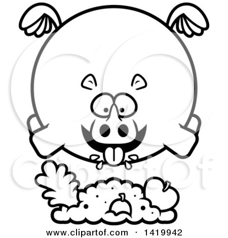 Clipart of a Cartoon Black and White Lineart Chubby Rhino Flying and Eating - Royalty Free Vector Illustration by Cory Thoman