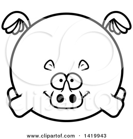 Clipart of a Cartoon Black and White Lineart Chubby Rhino Flying - Royalty Free Vector Illustration by Cory Thoman