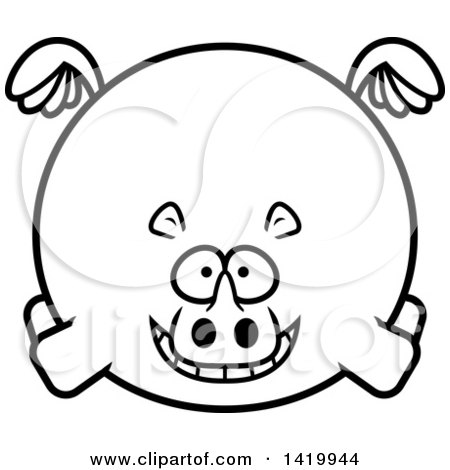 Clipart of a Cartoon Black and White Lineart Chubby Rhino Flying - Royalty Free Vector Illustration by Cory Thoman