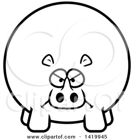 Clipart of a Cartoon Black and White Lineart Mad Chubby Rhino - Royalty Free Vector Illustration by Cory Thoman