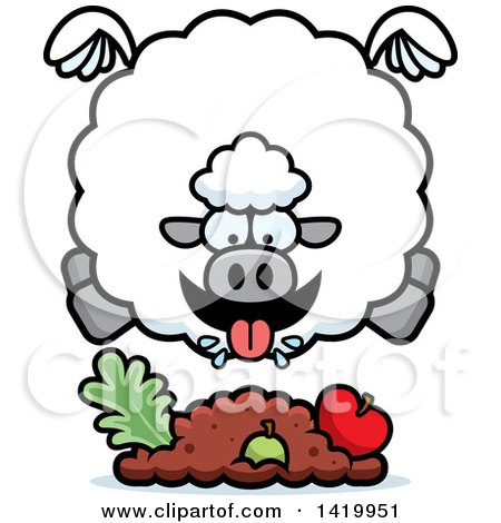 Clipart of a Cartoon Chubby Sheep Flying and Eating - Royalty Free Vector Illustration by Cory Thoman