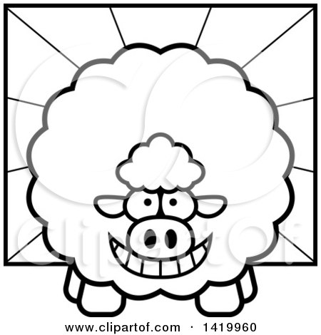 Clipart of a Cartoon Black and White Lineart Chubby Sheep over Rays - Royalty Free Vector Illustration by Cory Thoman