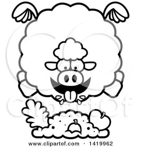 Clipart of a Cartoon Black and White Lineart Chubby Sheep Flying and Eating - Royalty Free Vector Illustration by Cory Thoman