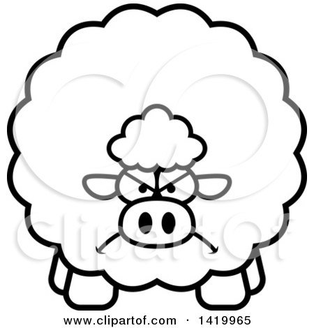 Clipart of a Cartoon Black and White Lineart Mad Chubby Sheep - Royalty Free Vector Illustration by Cory Thoman