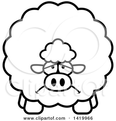 Clipart of a Cartoon Black and White Lineart Depressed Chubby Sheep - Royalty Free Vector Illustration by Cory Thoman