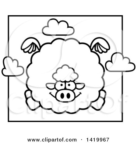 Clipart of a Cartoon Black and White Lineart Chubby Sheep Flying - Royalty Free Vector Illustration by Cory Thoman