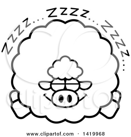 Clipart of a Cartoon Black and White Lineart Chubby Sheep Sleeping - Royalty Free Vector Illustration by Cory Thoman