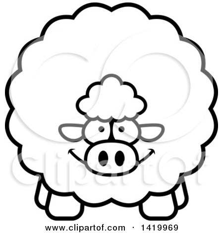 Clipart of a Cartoon Black and White Lineart Chubby Sheep - Royalty Free Vector Illustration by Cory Thoman