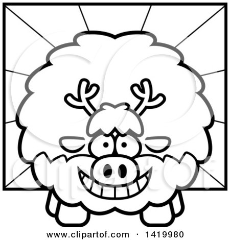 Clipart of a Cartoon Black and White Lineart Chubby Reindeer over Rays - Royalty Free Vector Illustration by Cory Thoman
