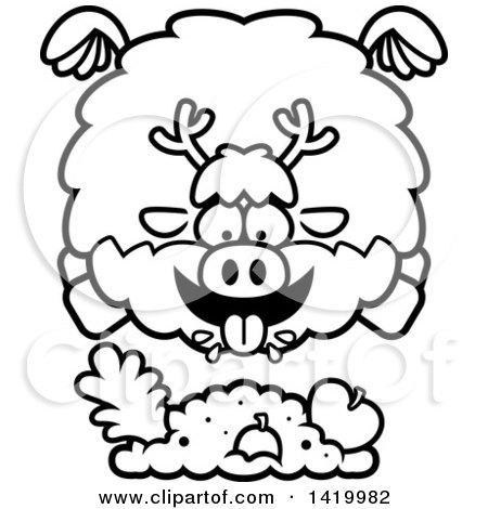 Clipart of a Cartoon Black and White Lineart Chubby Reindeer Flying and Eating - Royalty Free Vector Illustration by Cory Thoman