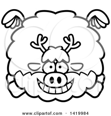 Clipart of a Cartoon Black and White Lineart Chubby Reindeer Flying - Royalty Free Vector Illustration by Cory Thoman