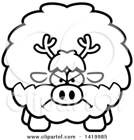 Clipart of a Cartoon Black and White Lineart Mad Chubby Reindeer - Royalty Free Vector Illustration by Cory Thoman