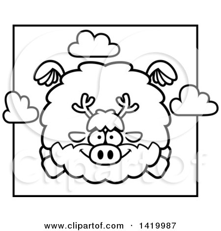 Clipart of a Cartoon Black and White Lineart Chubby Reindeer Flying - Royalty Free Vector Illustration by Cory Thoman