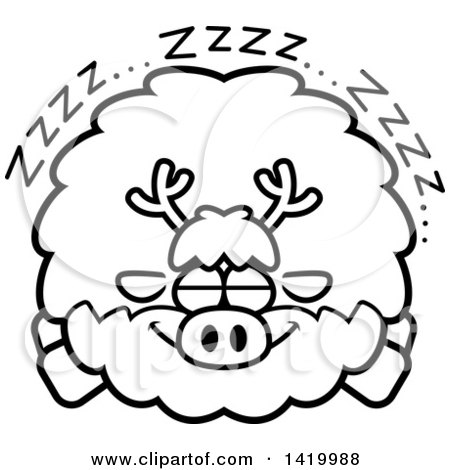 Clipart of a Cartoon Black and White Lineart Chubby Reindeer Sleeping - Royalty Free Vector Illustration by Cory Thoman