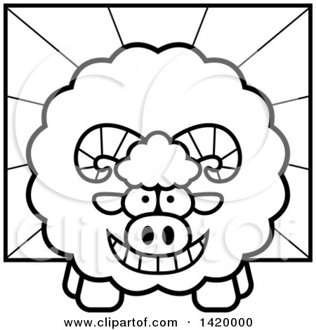 Clipart of a Cartoon Black and White Lineart Chubby Ram Sheep over Rays - Royalty Free Vector Illustration by Cory Thoman