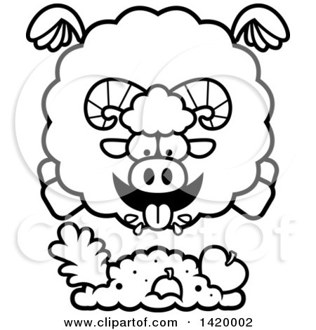 Clipart of a Cartoon Black and White Lineart Chubby Ram Sheep Flying and Eating - Royalty Free Vector Illustration by Cory Thoman