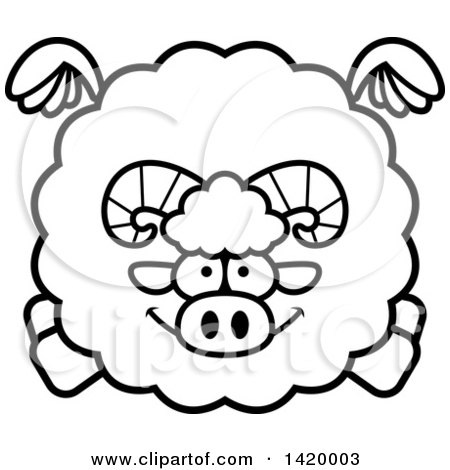 Clipart of a Cartoon Black and White Lineart Chubby Ram Sheep Flying - Royalty Free Vector Illustration by Cory Thoman
