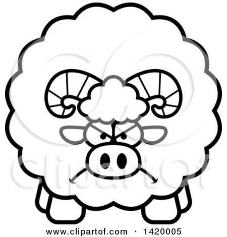 Clipart of a Cartoon Black and White Lineart Mad Chubby Ram Sheep - Royalty Free Vector Illustration by Cory Thoman
