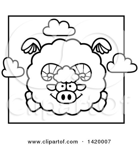 Clipart of a Cartoon Black and White Lineart Chubby Ram Sheep Flying - Royalty Free Vector Illustration by Cory Thoman