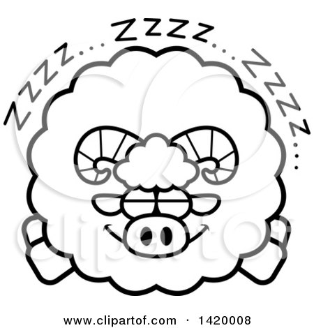 Clipart of a Cartoon Black and White Lineart Chubby Ram Sheep Sleeping - Royalty Free Vector Illustration by Cory Thoman