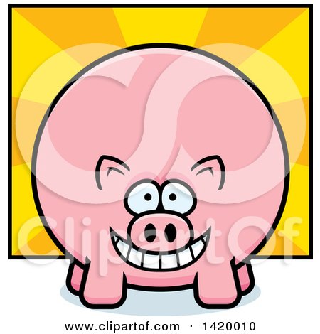 Clipart of a Cartoon Chubby Pig over Rays - Royalty Free Vector Illustration by Cory Thoman