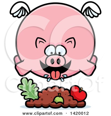Clipart of a Cartoon Chubby Pig Flying and Eating - Royalty Free Vector Illustration by Cory Thoman