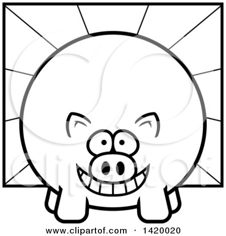 Clipart of a Cartoon Black and White Lineart Chubby Pig over Rays - Royalty Free Vector Illustration by Cory Thoman