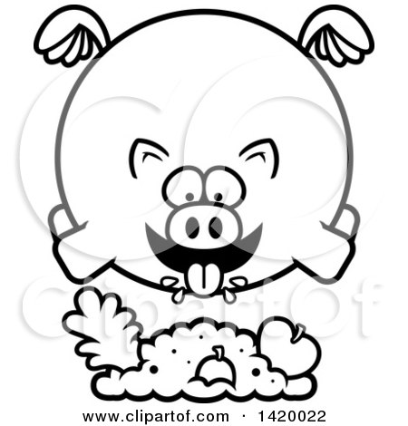 Clipart of a Cartoon Black and White Lineart Chubby Pig Flying and Eating - Royalty Free Vector Illustration by Cory Thoman