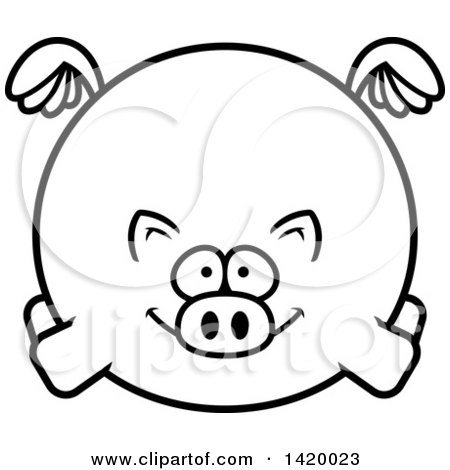 Clipart of a Cartoon Black and White Lineart Chubby Pig Flying - Royalty Free Vector Illustration by Cory Thoman