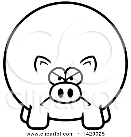 Clipart of a Cartoon Black and White Lineart Mad Chubby Pig - Royalty Free Vector Illustration by Cory Thoman
